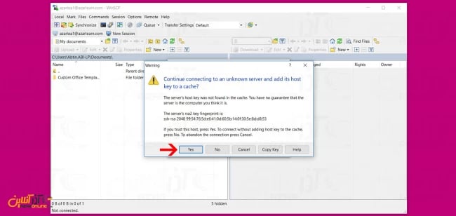 کلیک بر روی yes برای ادامه کار در WinSCP