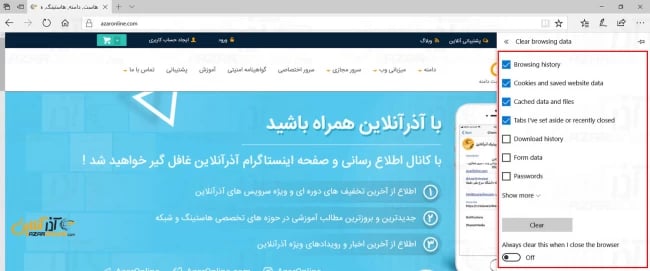 انتخاب موارد برای حذف از تاریخچه مرورگر Edge