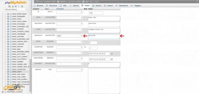 آموزش تغییر رمز جوملا از دیتابیس - واردکردن اطلاعات