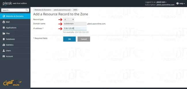 آموزش تنظیم IP برای ساب دومین در پلسک - وارد کردن اطلاعات درخواستی