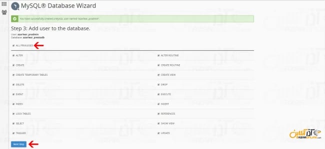 دسترسی یوزر ساخته شده به دستابیس و انتخاب all privileges 