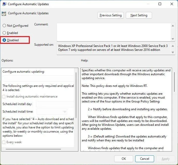 تنظیمات Group Policy برای غیر فعال کردن آپدیت خودکار