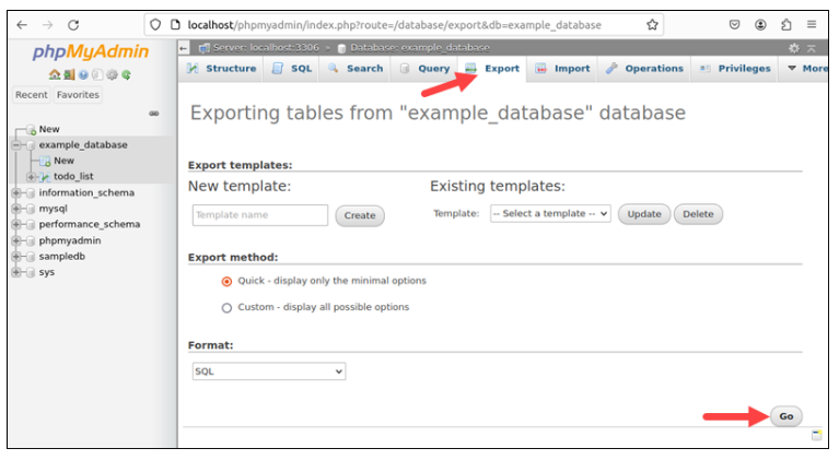 مراحل گرفتن بک‌آپ دیتابیس از phpMyAdmin
