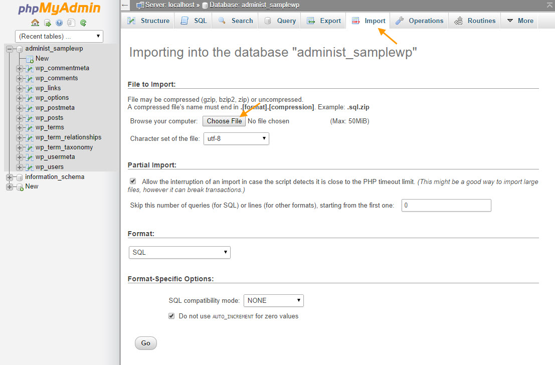مراحل بازگردانی بک‌آپ دیتابیس از phpMyAdmin