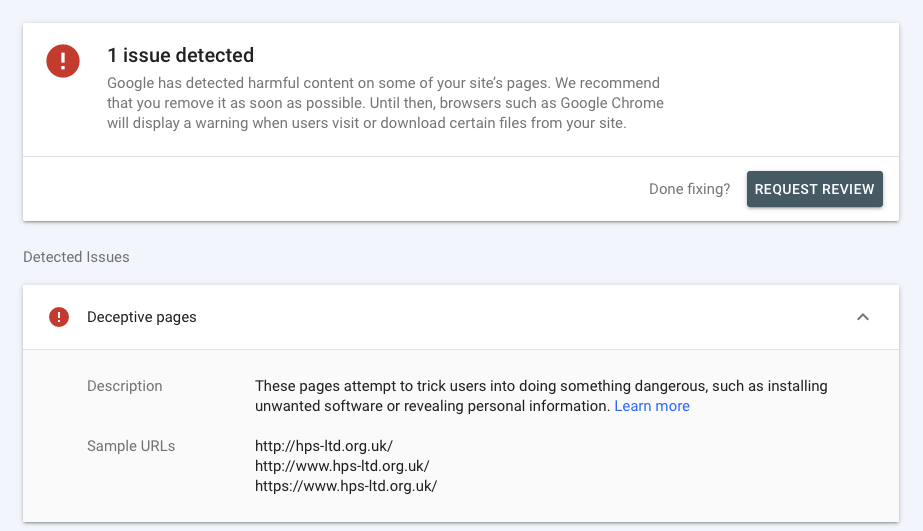 مشکل امنیتی Deceptive Pages سرچ کنسول