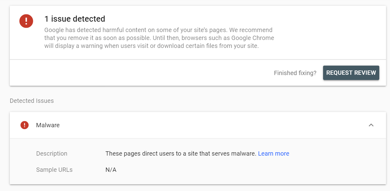 مشکل امنیتی Malware سرچ کنسول