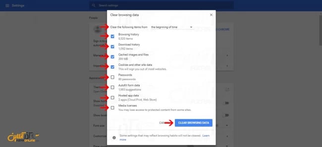 انتخاب و تنظیم Clear Browsing data در google chrome