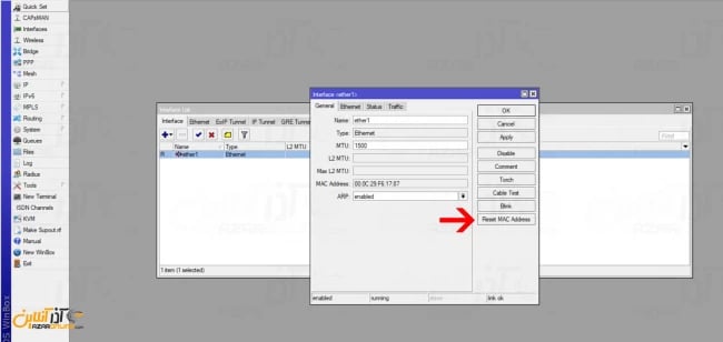 کلیک بر روی Reset Mac Address در میکروتیک