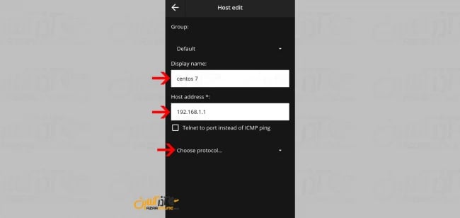 وارد کردن نام سرور لینوکس ، آدرس IP و انتخاب پروتکل ارتباطی سرور