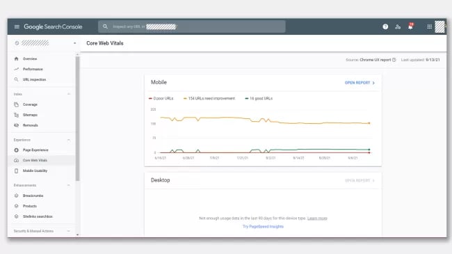 بخش Core Web vitals سرچ کنسول گوگل