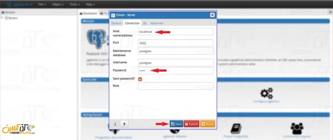 وارد کردن اطلاعات connection در pgadmin
