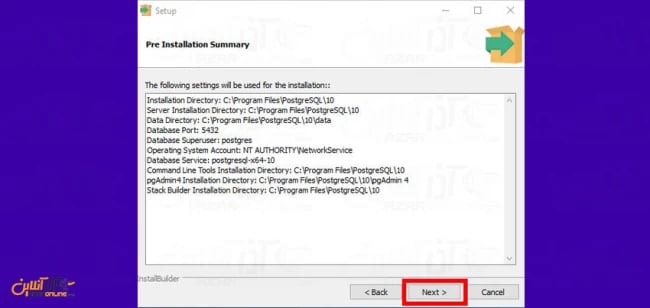 چکیده تنظیمات نصب PostgreSQL