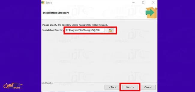 انتخاب مسیر نصب PostgreSQL در ویندوز سرور 2016