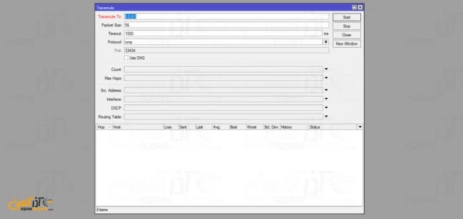 نمایی از پنجره Traceroute در میکروتیک