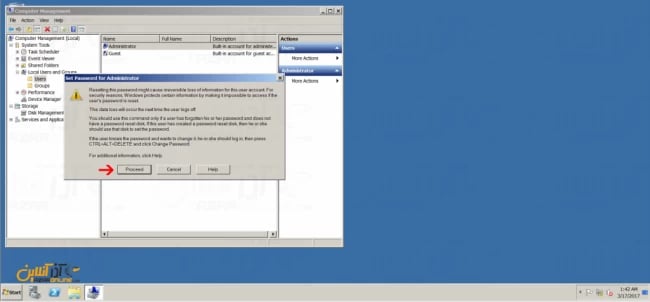 تغییر پسورد در ویندوز سرور 2008 - انتخاب proceed