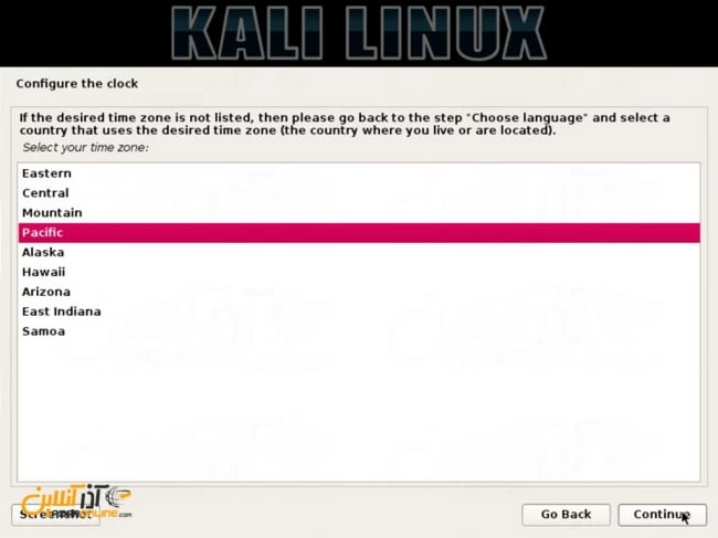 نصب لینوکس Kali - انتخاب منطقه زمانی