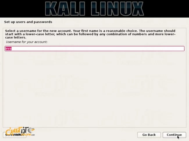 نصب لینوکس Kali - وارد کردن نام کاربری