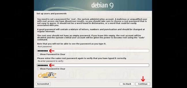 وارد کردن پسورد روت دبیان 9 برای آموزش نصب دبیان 9 روی Vmware