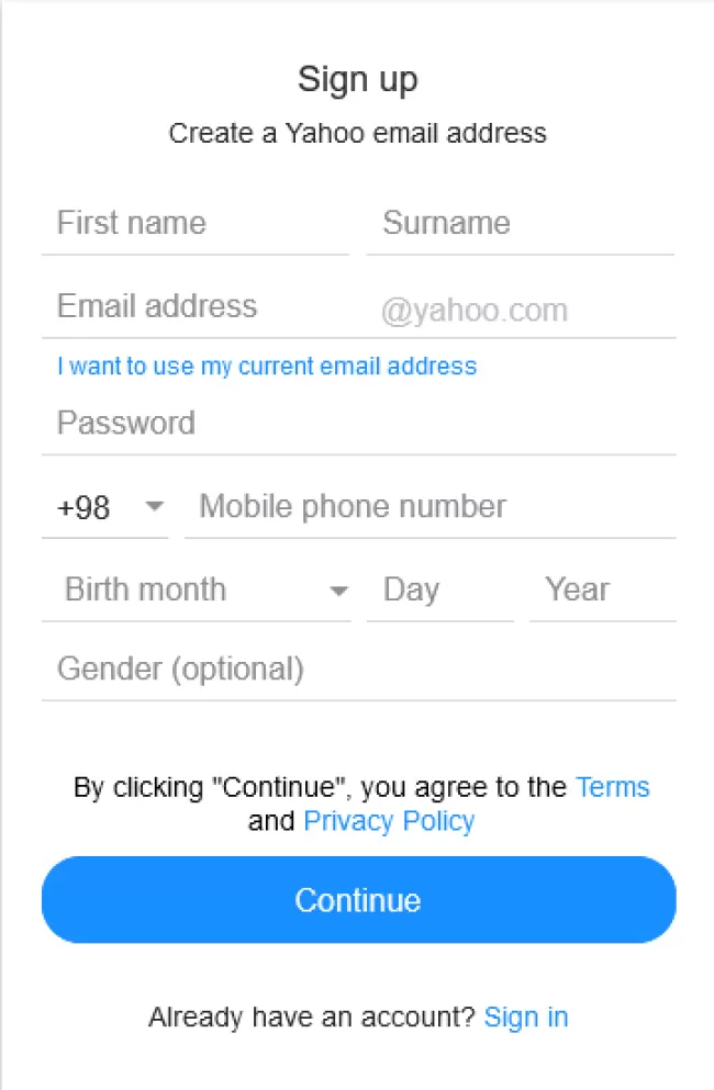 ایجاد ایمیل در Yahoo