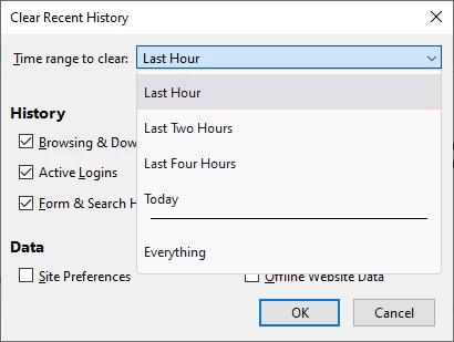 6 - Clear Recent History WinBox - Opened Time range to clear menu