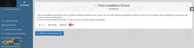 شروع تنظیمات post installation در virtualmin