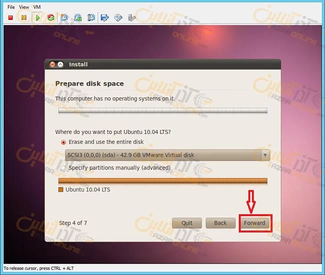 آموزش نصب ubuntu desktop روی vmware - انتخاب فضای هارددیسک