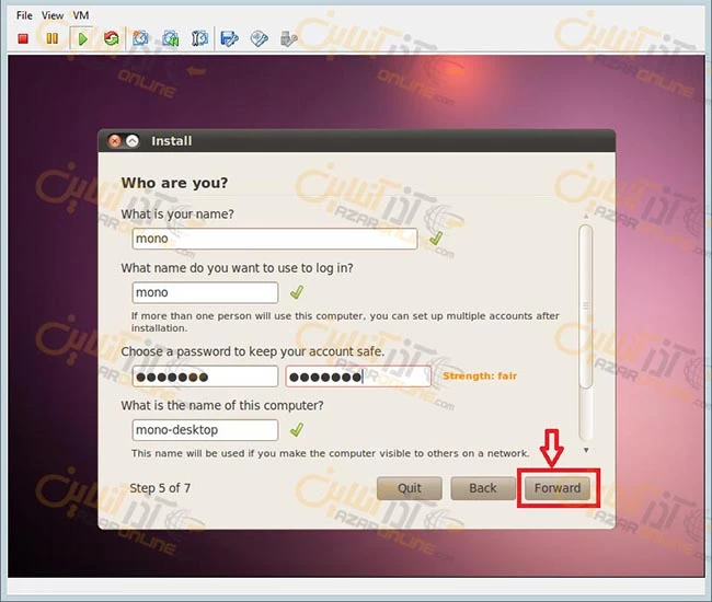 نصب ubuntu desktop روی vmware - وارد کردن یوزر به عنوان مثال