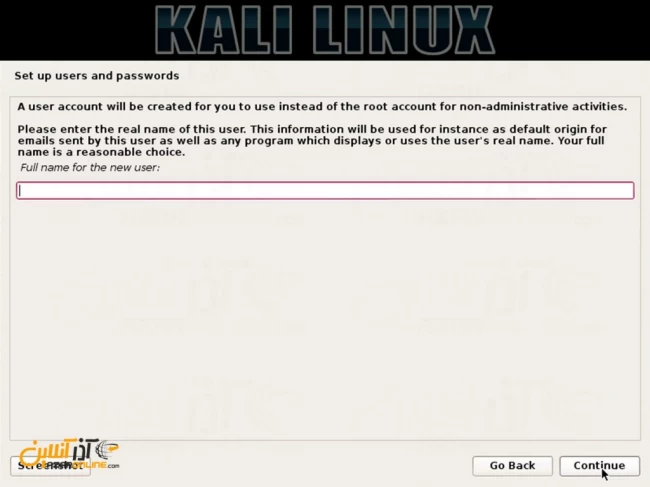 نصب لینوکس Kali - وارد کردن نام