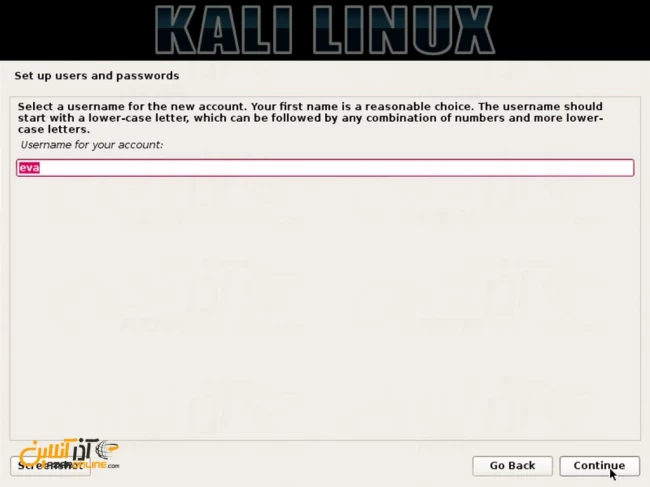 نصب لینوکس Kali - وارد کردن نام کاربری