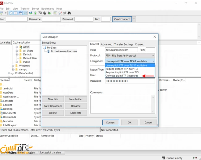 رفع خطای Filezilla در هنگام اتصال به FTP - انتخاب only use plain FTP
