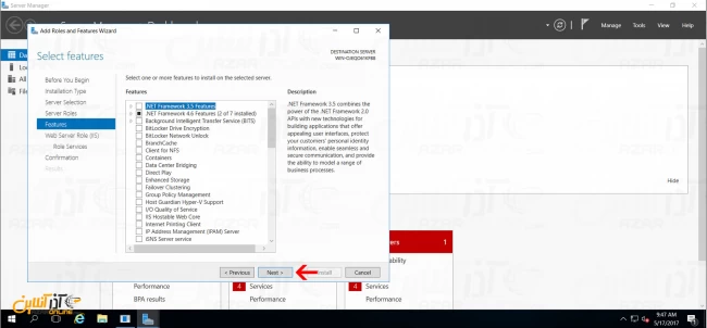 نصب IIS در ویندوز سرور 2016 - add feature
